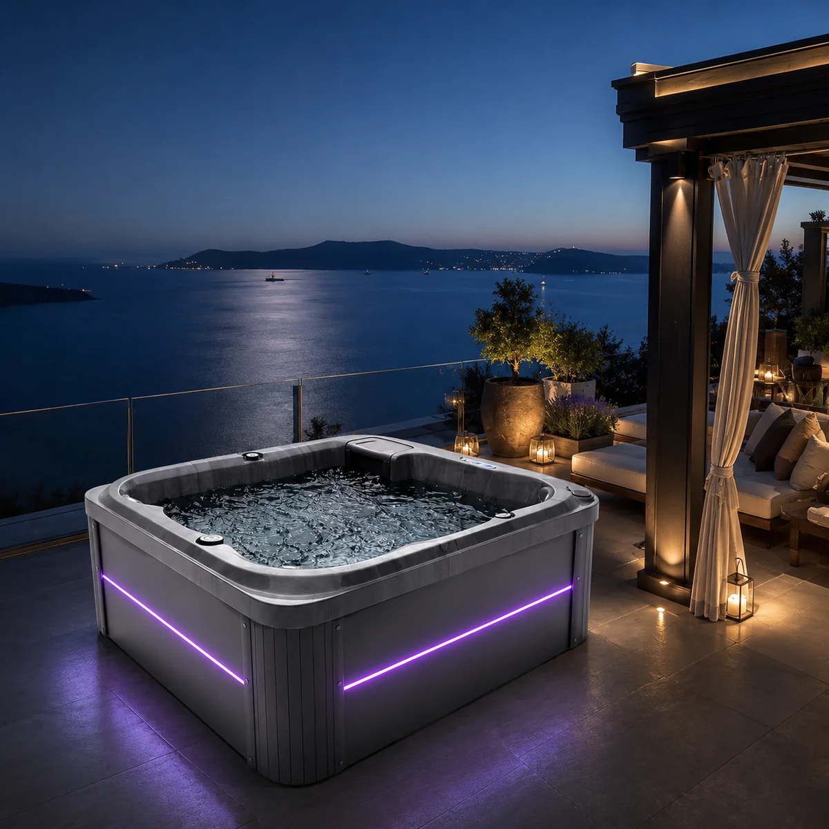 Spa OXO éclairé aux LED à la tombée de la nuit
