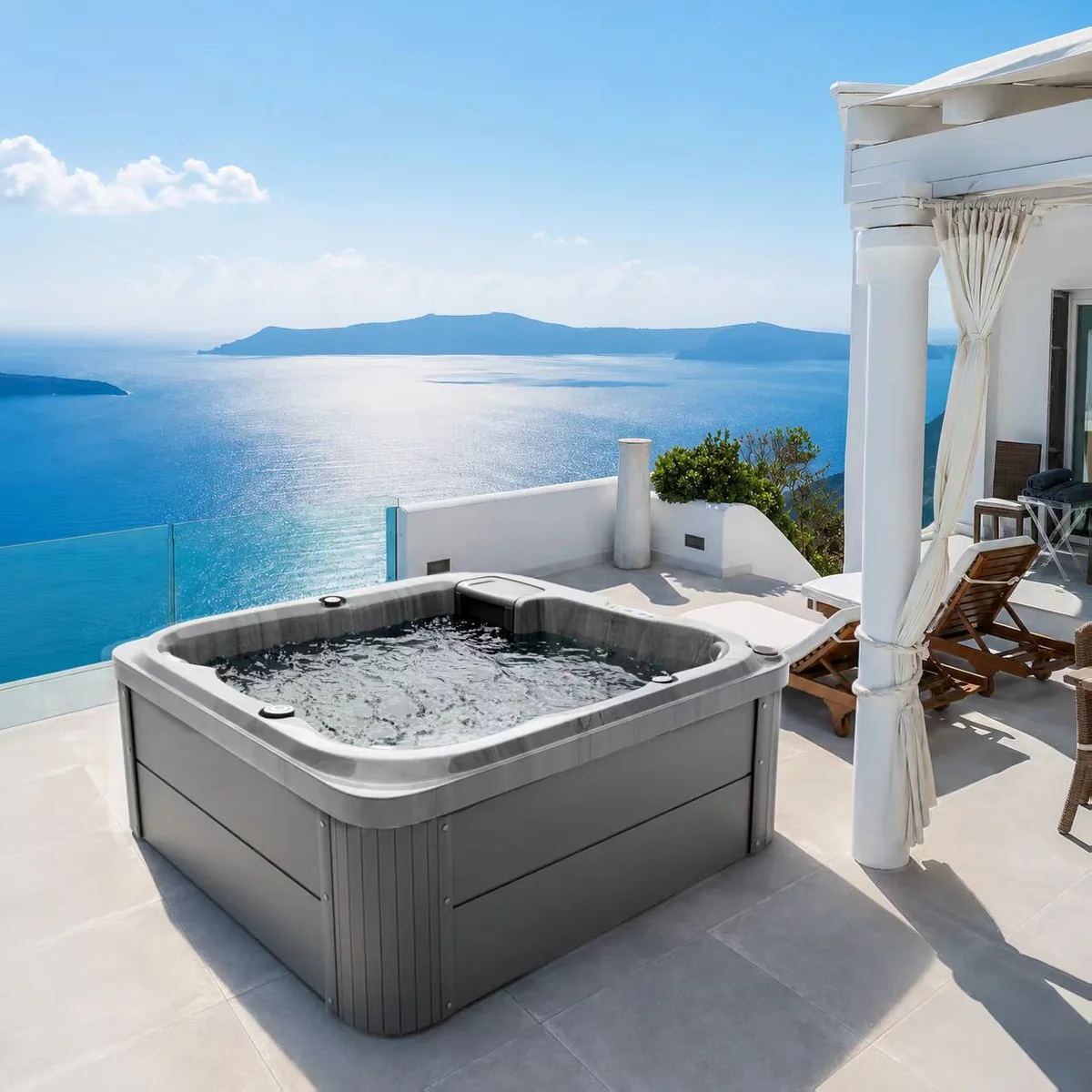 Spa OXO sur une terrasse avec vue sur la mer